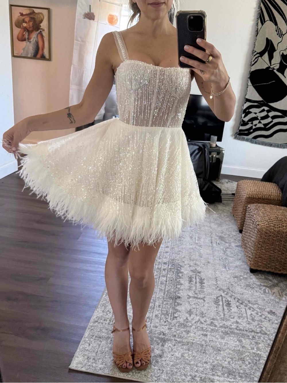 Bronx and Banco White Beaded Feather Mini Dress